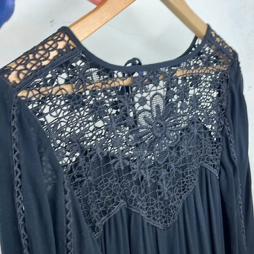 American Eagle Black Gothic Lace Yoke Tunic Dress Boho Romantic Long Sleeve Medi - Picture 9 of 14